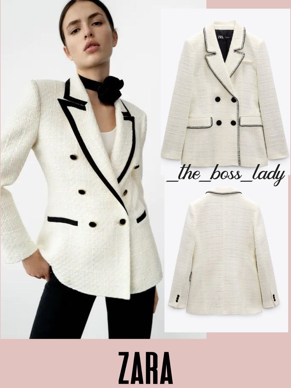 Zara blazer tweed double breasted notch lapel collar structured XS